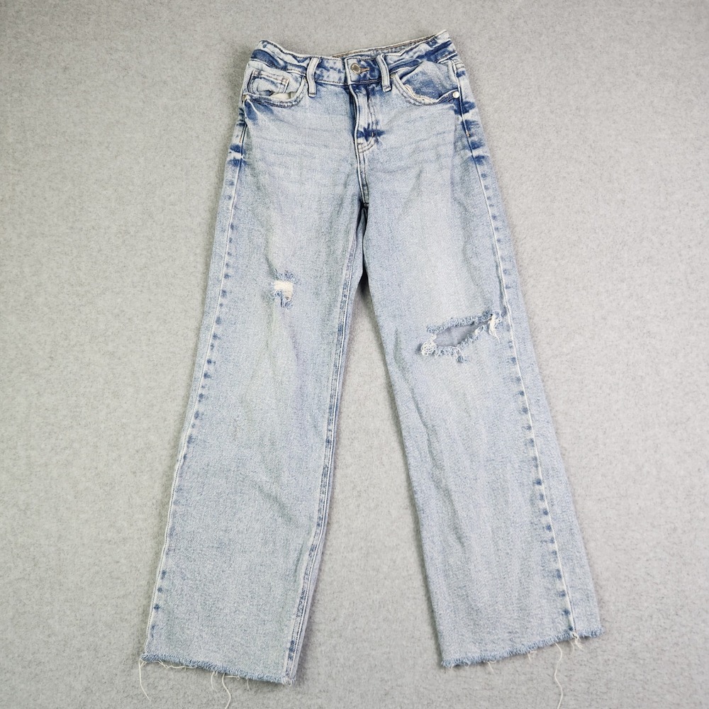 Art Class Jeans Girls 10 Light Blue Denim Acid Wash Distressed Wide Leg Raw Hem